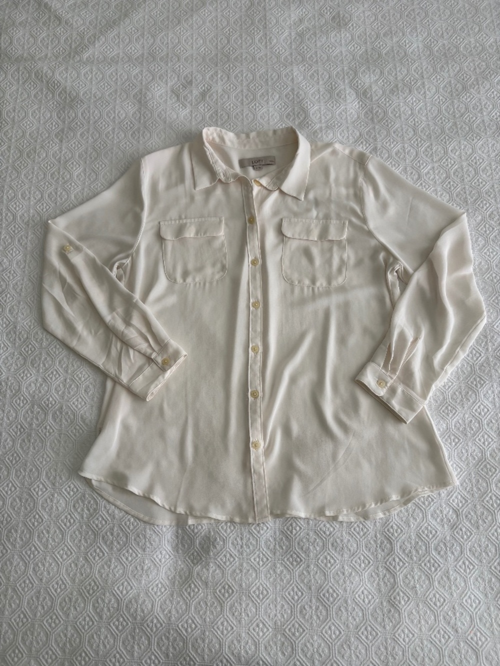 LOFT Roll Tab Button Front Blouse Petite Large Ivory Utility Shirt Like New